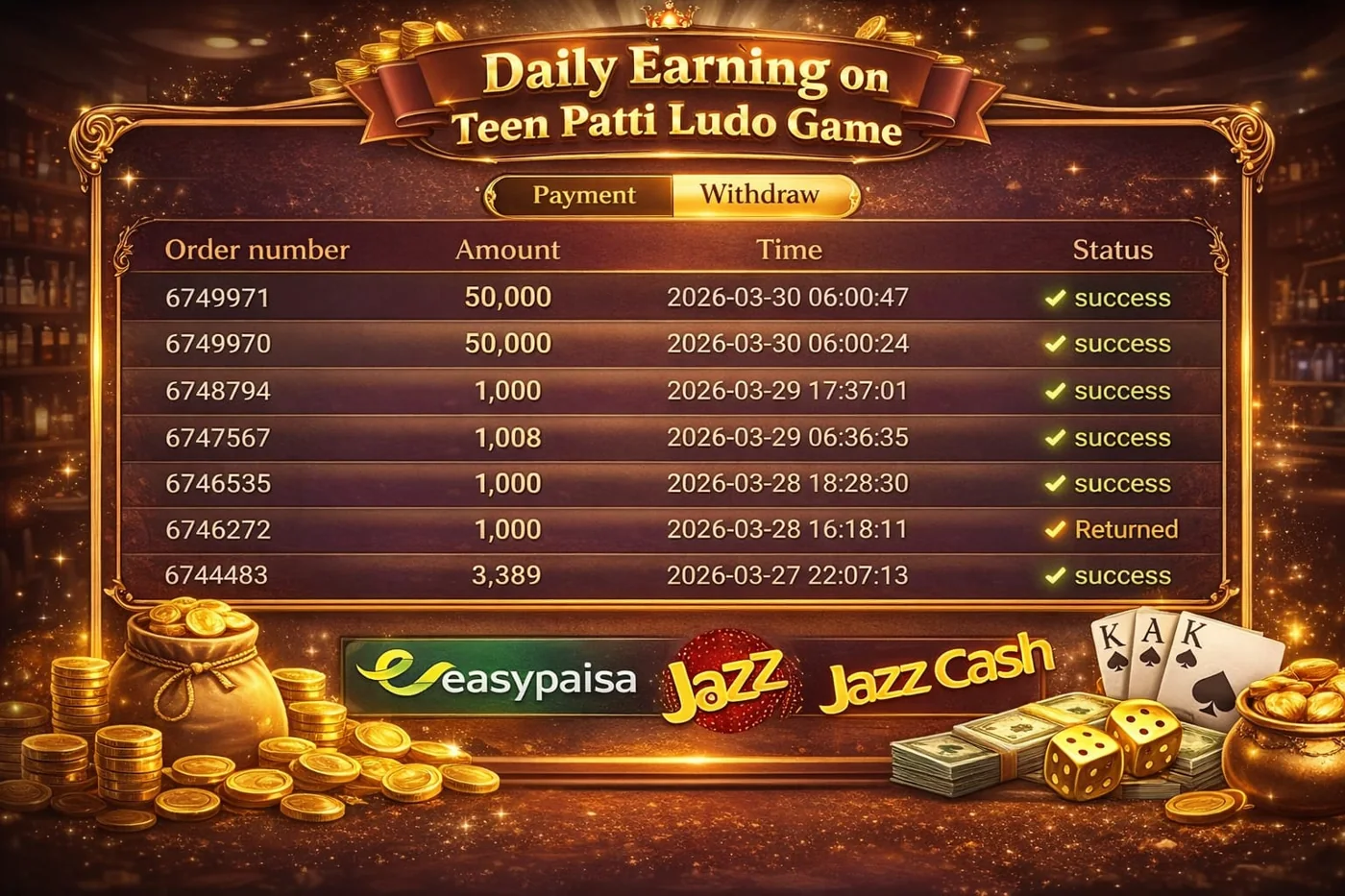 Teen Patti Ludo Pakistan payment and game interface